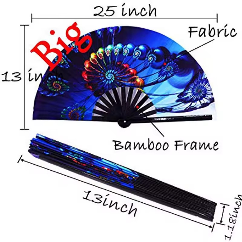 Custom Printed Large Folding Clack Hand Fan Sublimation UV Reactive Bamboo Handheld For Festival Raves