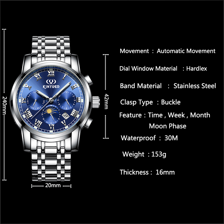 KINYUED J015-3 White Dial Stainless Steel Strap OEM Custom Watches Waterproof Automatic Mechanical Luminous Watch Men W