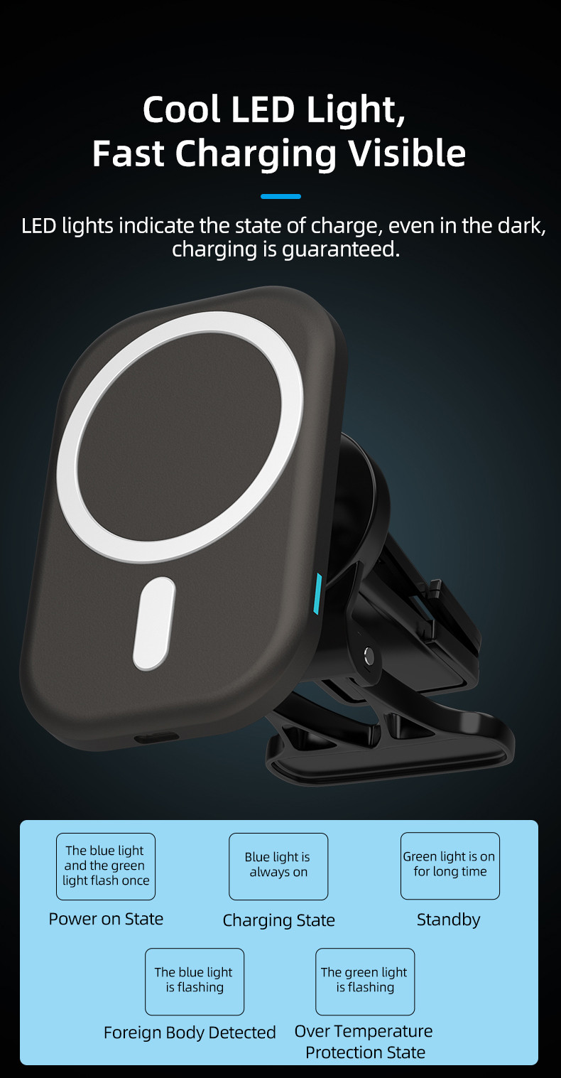 15W Magnetic Wireless Car Charger Air Vent Mounting with ABS Silicone Gel Material