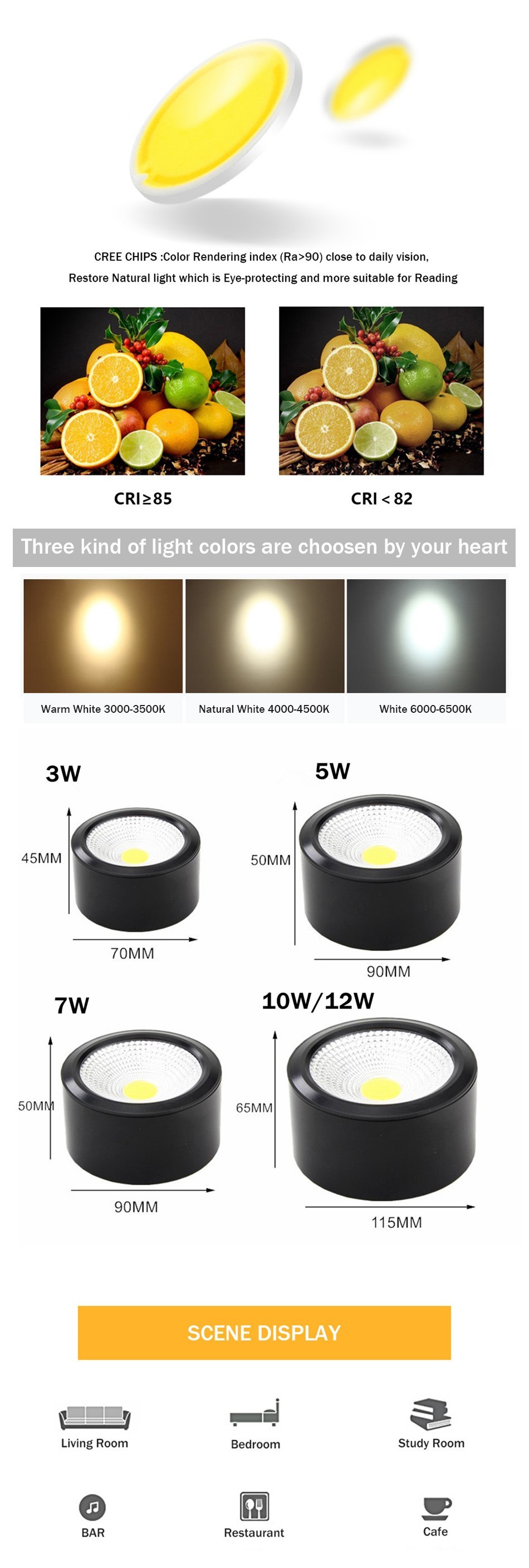 AC85-265V Input 9W 2700K-6500K Optional Surface Mounted LED Downlight
