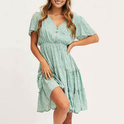 Elegant Casual V-Neck Button Front Short Sleeve Women Dresses Floral Printed Mini Dress