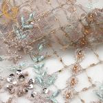Gold Shiny Sequin Lace Fabric Tulle Embroidery Water Soluble For Evening Dress