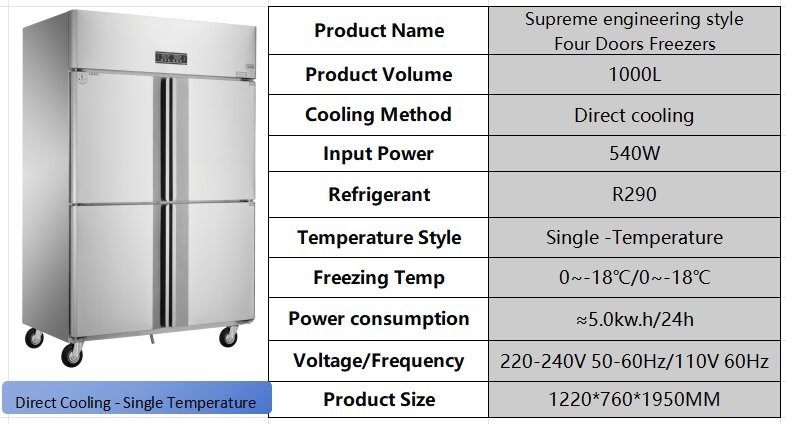 Thermal Insulation 4 Door Commercial Freezer Restaurant Commercial Stainless Steel Fridge Freezer
