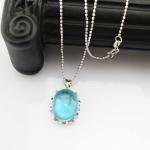 925 Silver Pendant Necklace with Oval Dome Blue Topaz Cubic Zircon (P40)