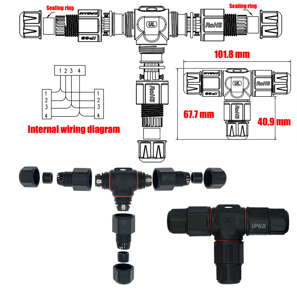 3P Female Copper T Connector UL ROHS IP68 Waterproof for LED Current PVC Material