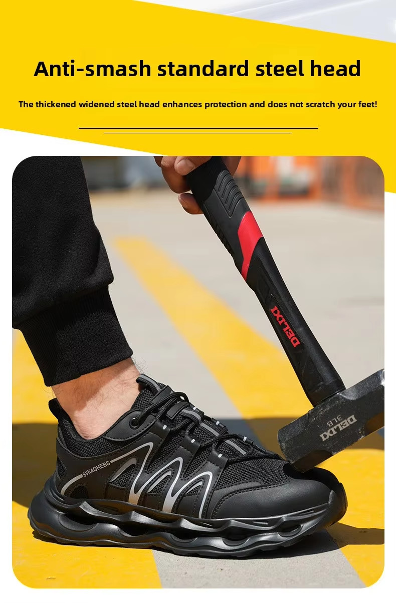 Breathable Microfiber Leather Mesh Safety Shoes With Kevlar Anti-stab Steel Toe And EVA Sole In Black