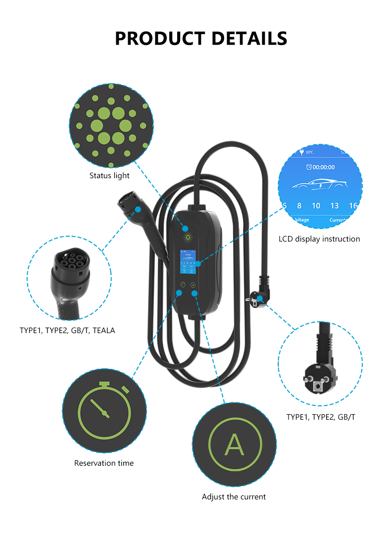 Wall Mounted Single Phase 3.5kw Portable EV Charger with Plug Charge and Insulation Detection