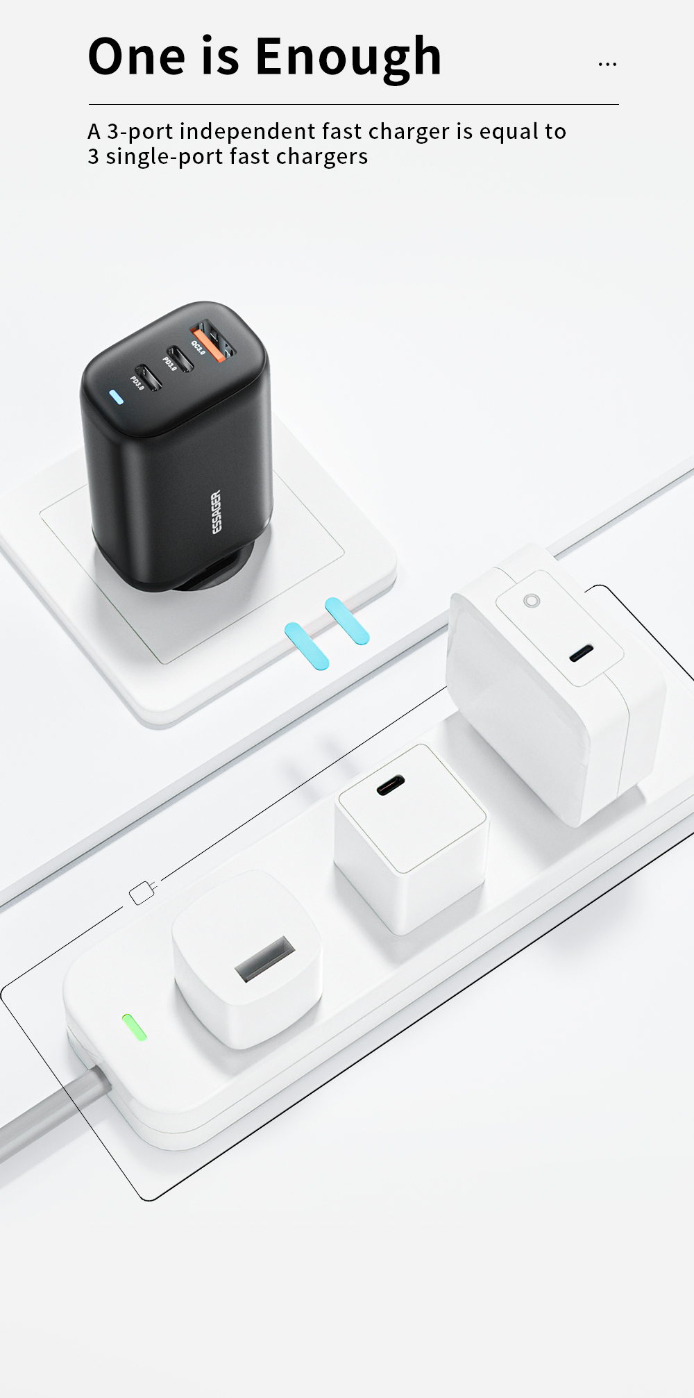 Travel GaN PD Wall Charger 65w 3 USB Port USB A Type C Fast Charging