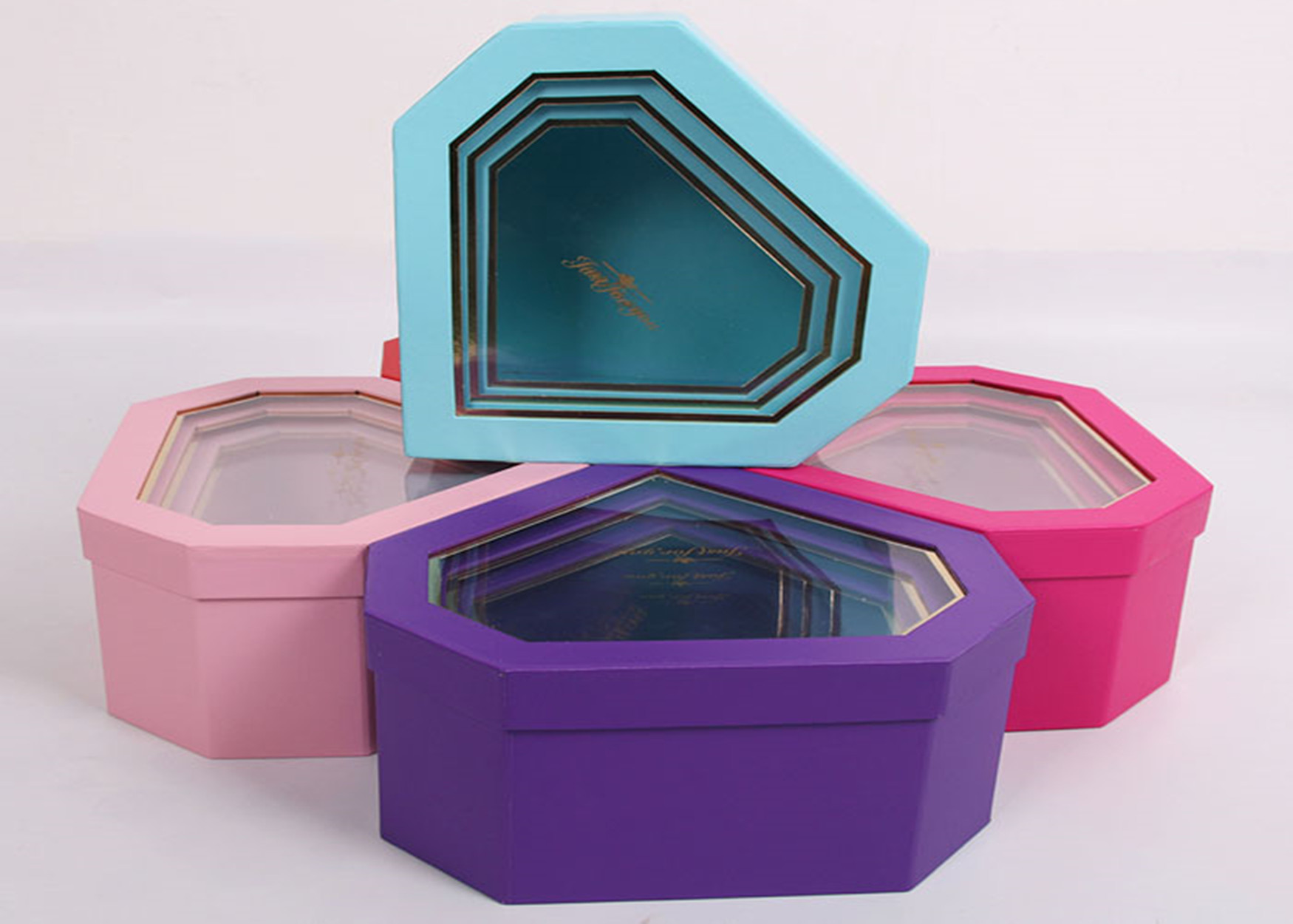 Diamond Shaped Nested Stackable Cardboard Boxes With Clear PET Window