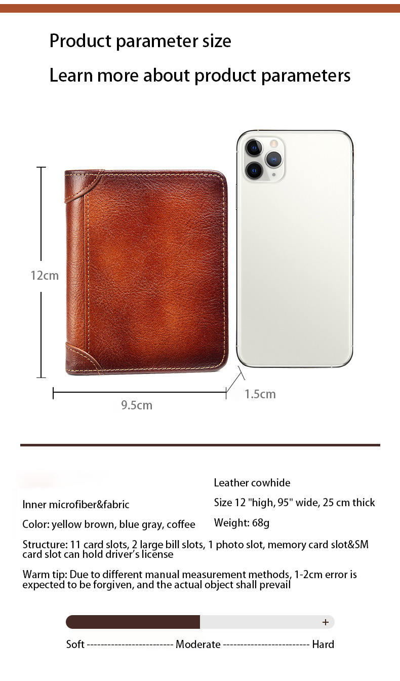 Unisex Genuine Leather Minimalist Trifold Bifold Slim Wallet with RFID Protection