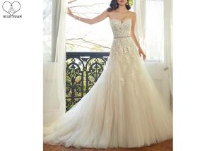 Quality Waist Beading Tulle A Line Bridal Gowns , Foliage Lace Strapless Wedding Gown wholesale