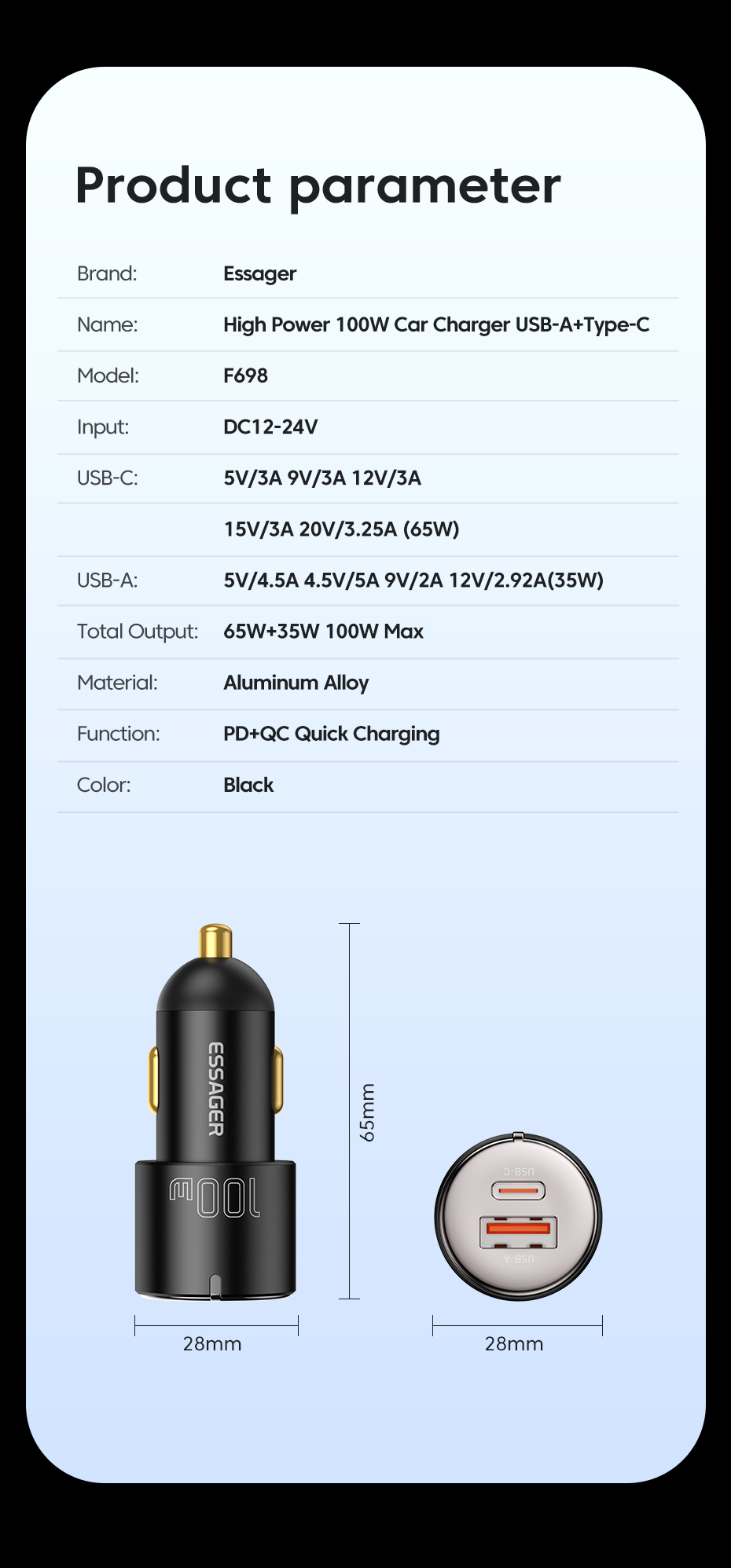 Type C USB A Car Chargers Black 60W 66W Essager 2022 City F699 F689 F688 F698
