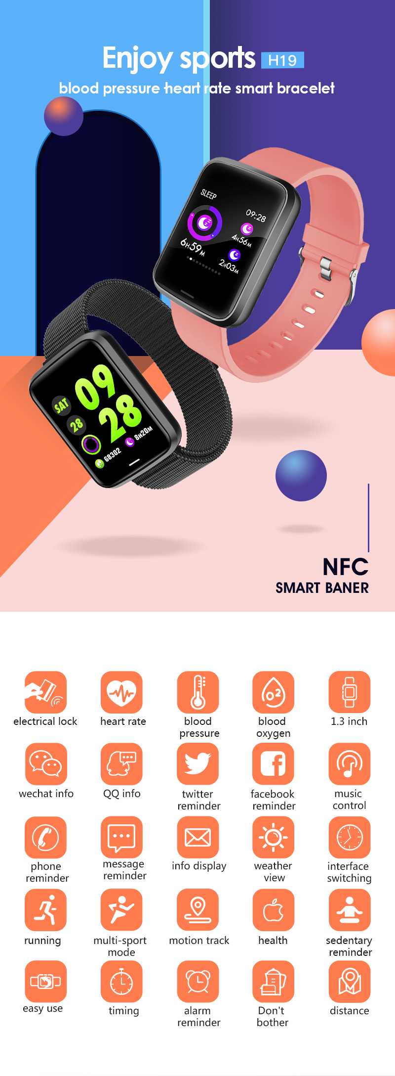 H19 Sports Watch 1.3" OLED 240*240 resolution RFID Kids Waterproof Smartwatch Medical Equipments Thermometry