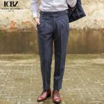 British Herringbone Vintage Woolen Casual Trousers Straight Hemmed Classic Men's