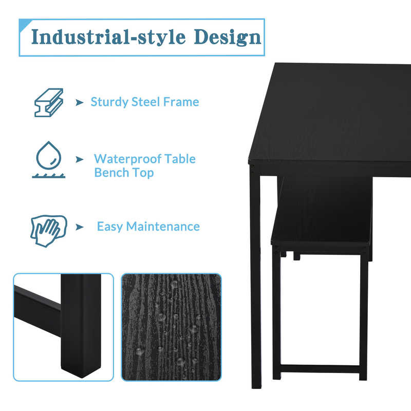 Black 47.3" Length 3 Piece Dining Room Sets With Bench Space Saving