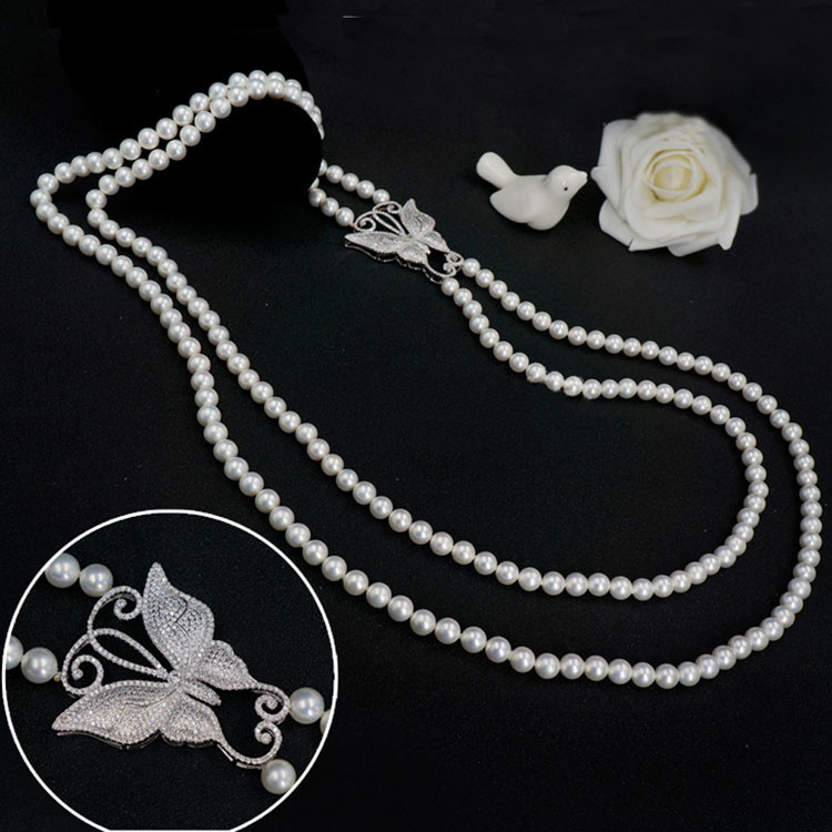 White Shell Pearl Double Strands Sweater Necklace with Cubic Zirocnia Butterfly Charm(SN702143BUTTERFLY)