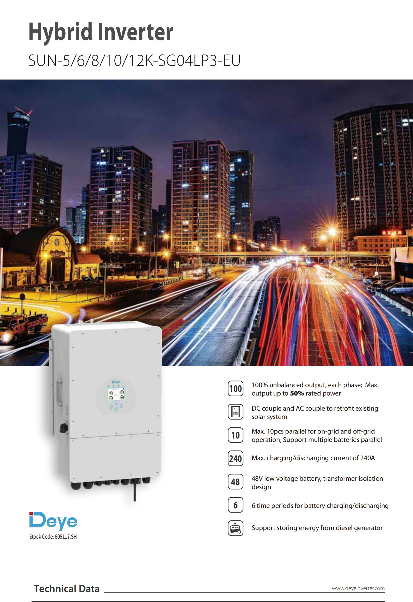 125V-425V Input Voltage Deye Low Frequency Solar Hybrid Inverter 5kw 6kw 8kw 10kw 12KW