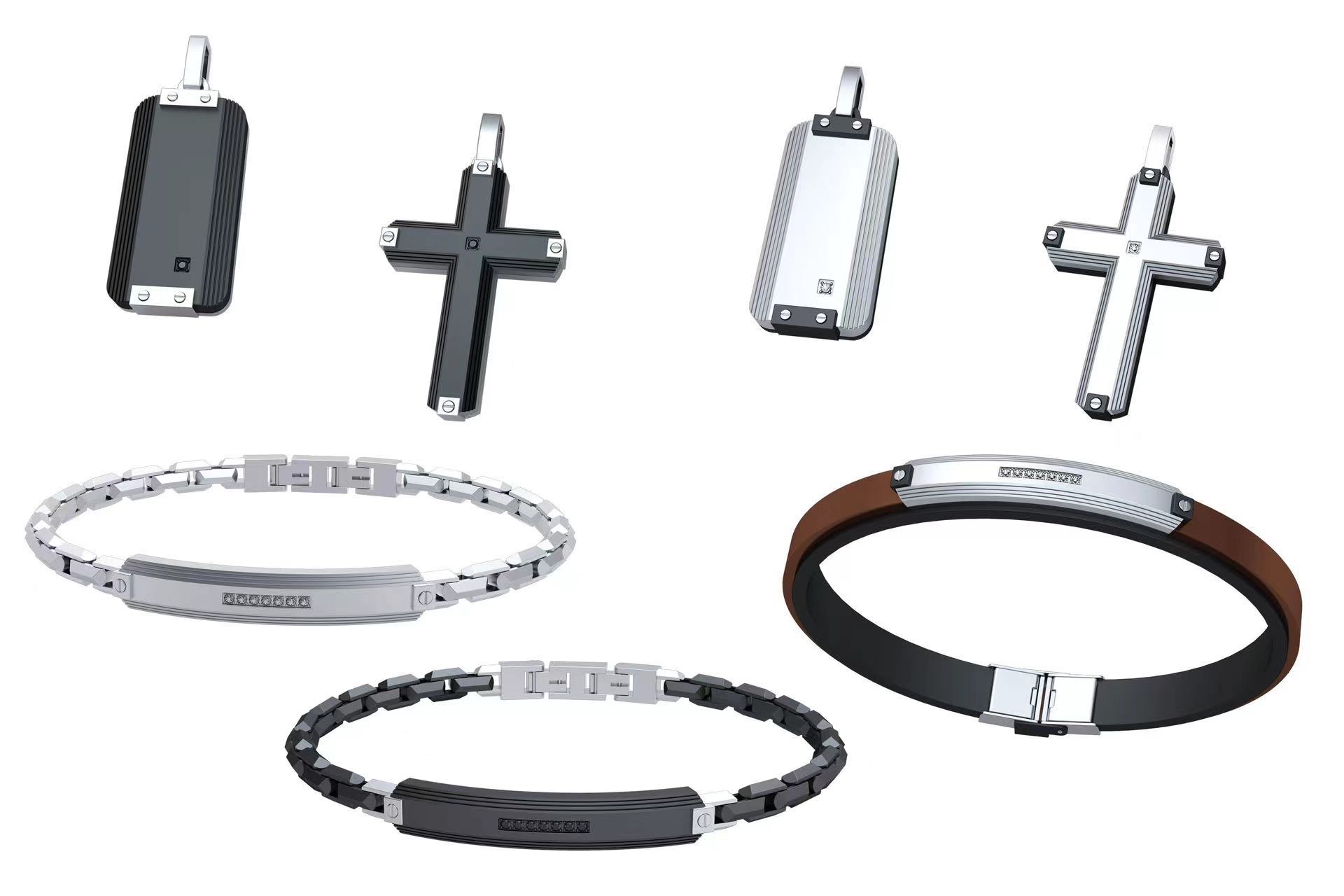 Party Jewelry Gift Sets Men Black Chain Link Bracelet Ring Metal Cross Pendant Necklace