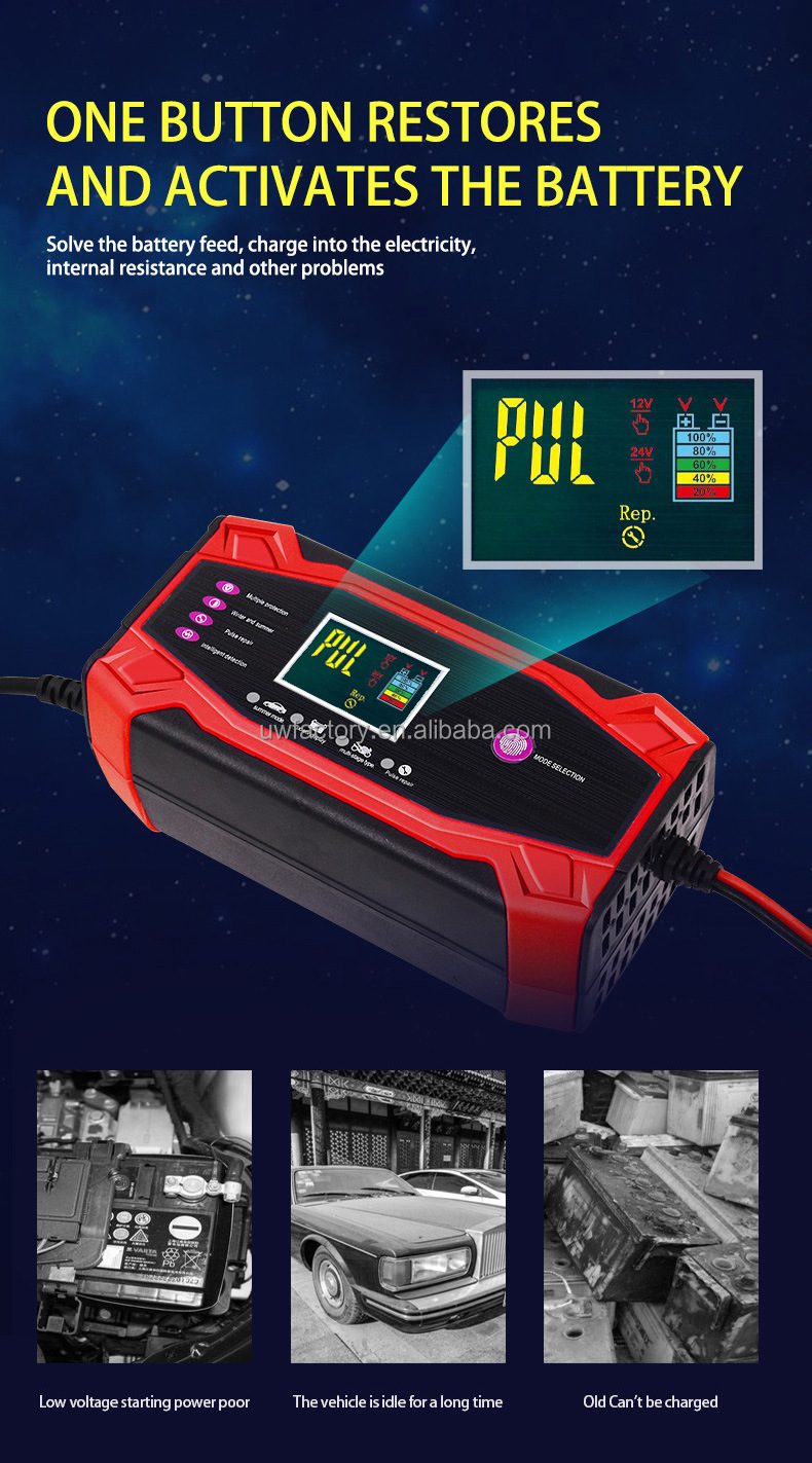 12V 6Amp Touch Screen Pulse Repair LCD Battery Charger for Car Motorcycle Lead Acid Battery Connector Current Protection