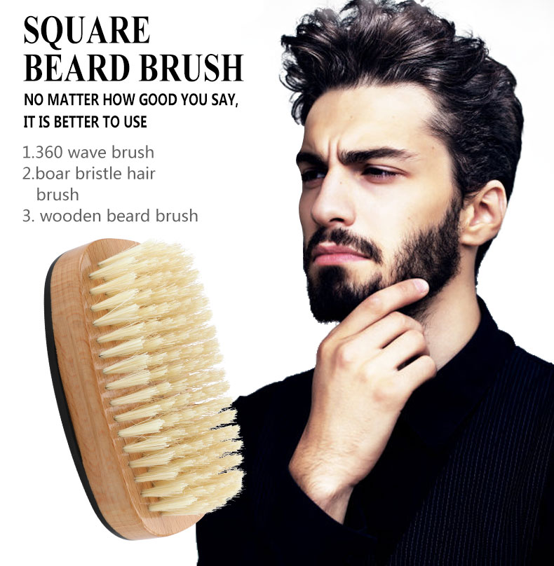 Private Label Square Men Wave Brush Beach Wood Handle Medium Hard Boar Bristle
