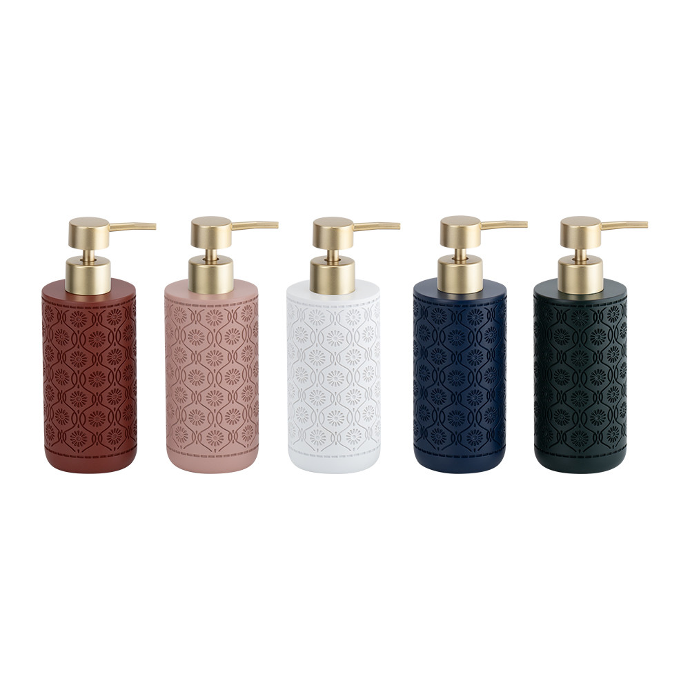 Polyresin bathroom accessories set with a vintage pattern hand soap bottle toothbrush tumbler