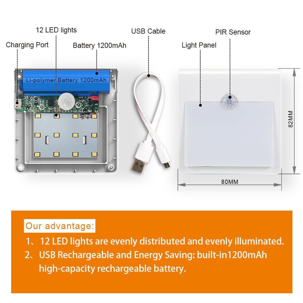 USB Rechargeable Motion Sensor Light,USB Rechargeable 12 LED Stick-Anywhere Wall Light