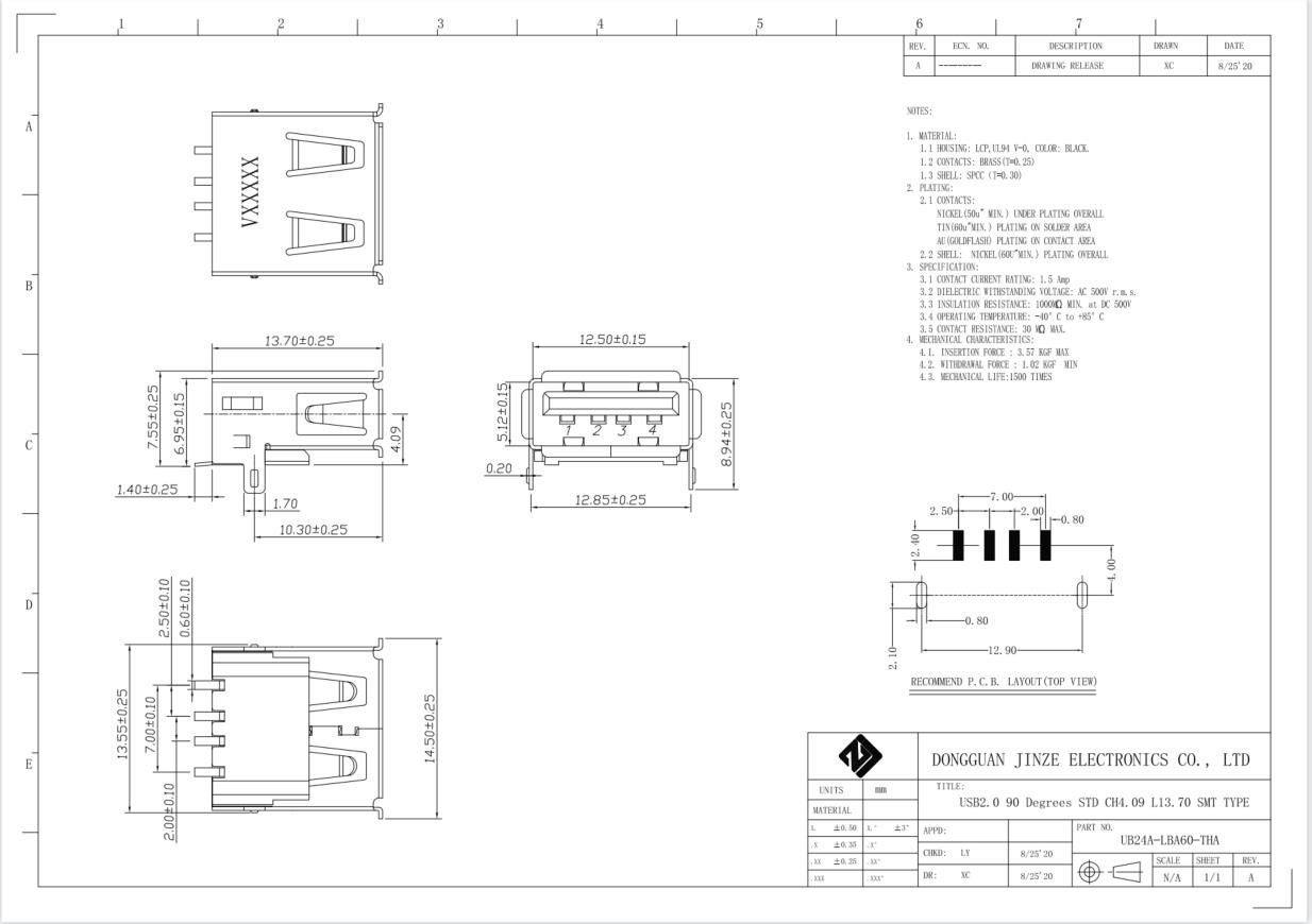 A Female LCP STD 4 Pins Micro USB 2.0 Socket Surface Mount 30V