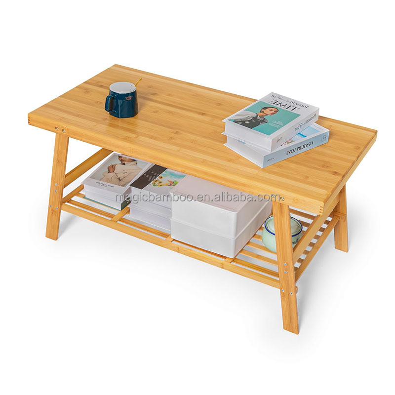 50x100x48.5cm Bamboo Dual Tier Coffee Table With Open Storage Shelf For In Living Room