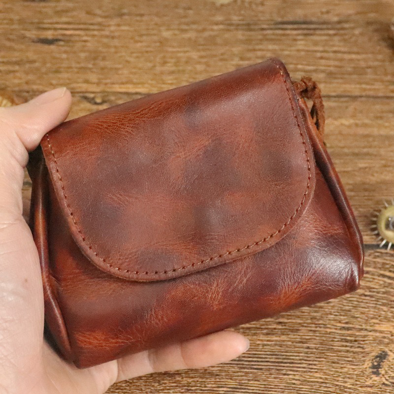 Portable Hand-rubbed Vegetable-tanned Leather Coin Purse for Women Retro Chinese-style