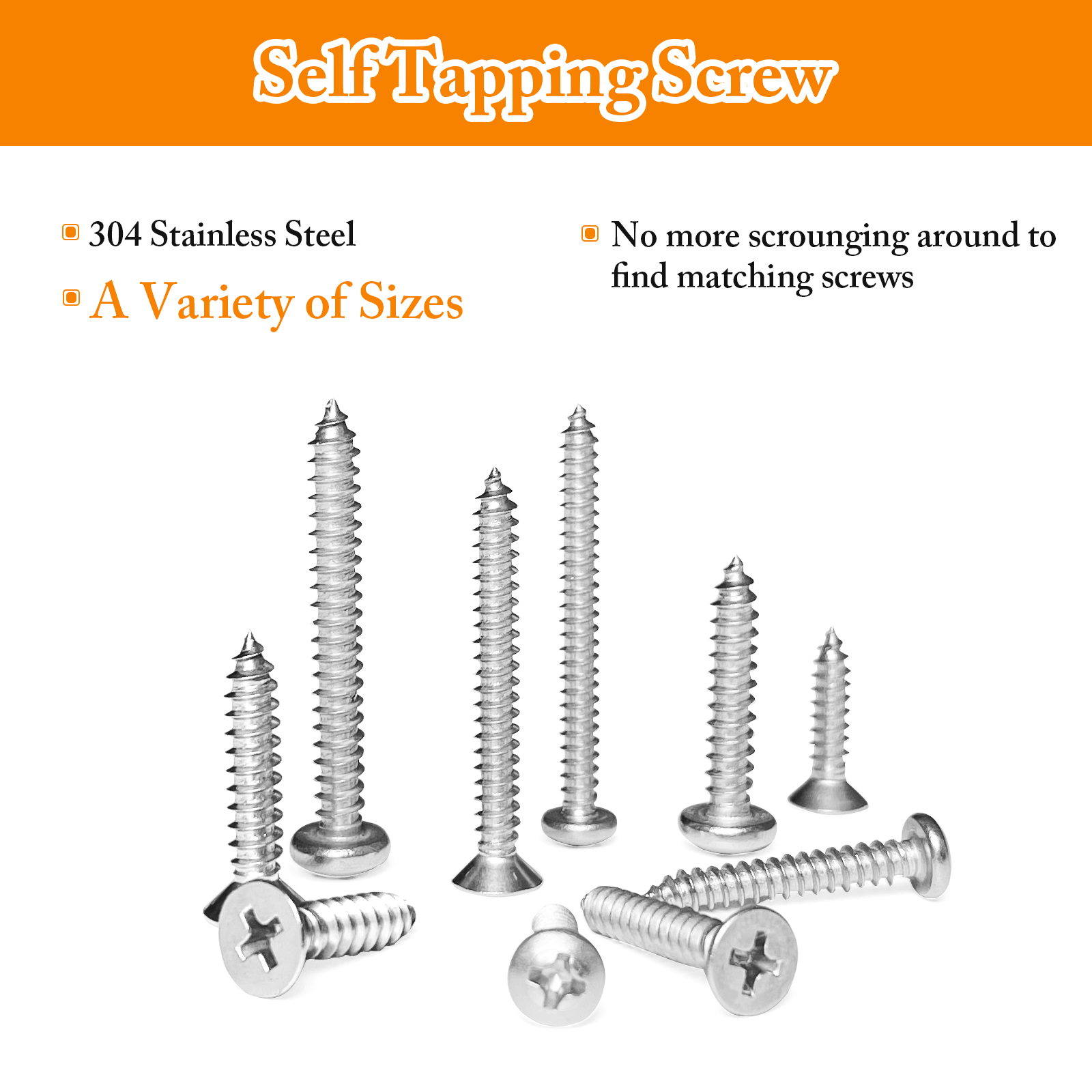 M3 4 5 6 Self Tapping Screws Assortment Kit Pan Head and Flat Head 304 Stainless Steel Screws