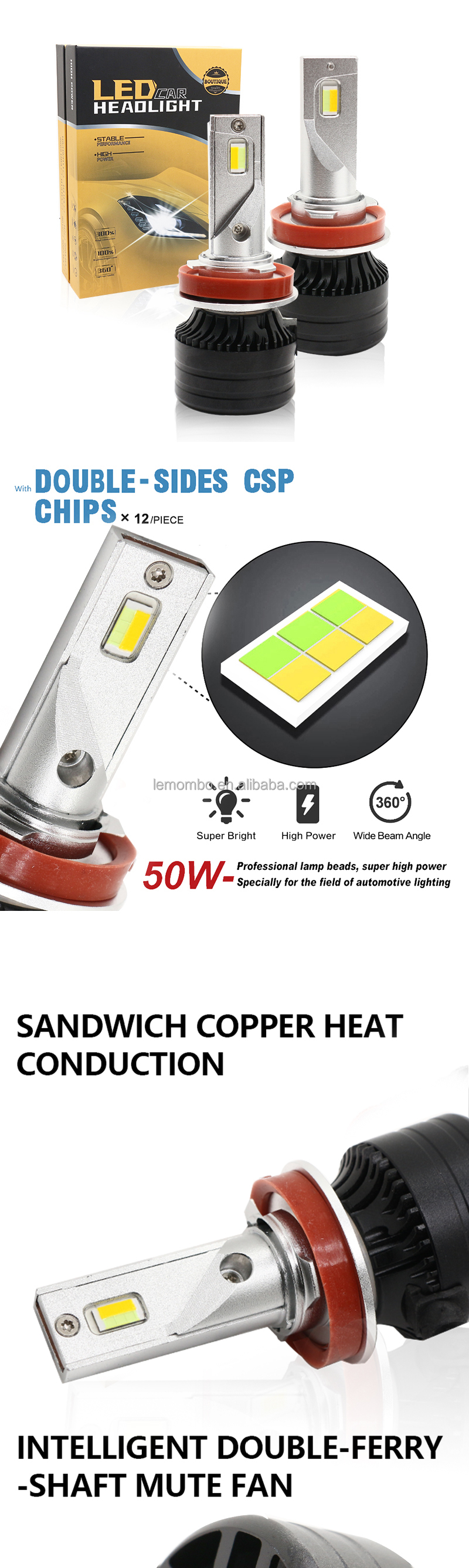 Car head light LED H11 Three-color LED headlights automotive headlamp foglight 12-36V A modified lamp
