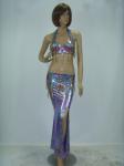 2 Pcs Belly Dancer Costume Purple Metallic Maxi Skirt Halter Neck Bra Flower