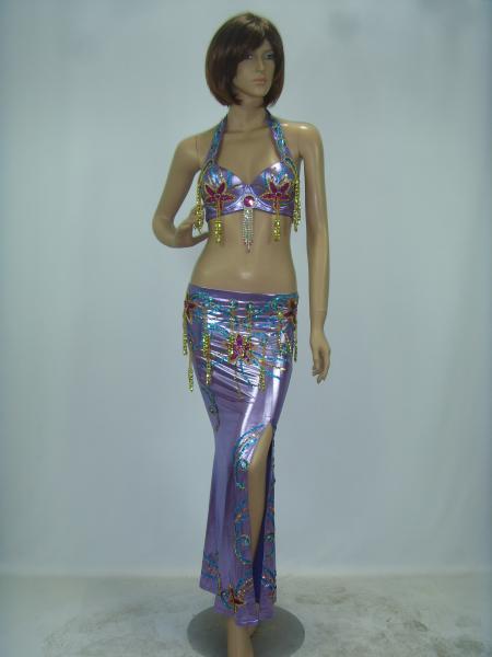2 Pcs Belly Dancer Costume Purple Metallic Maxi Skirt Halter Neck Bra Flower