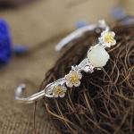 Sterling Silver Natural Jade Culptured Flower Gold Plated Women Bracelet(049924)