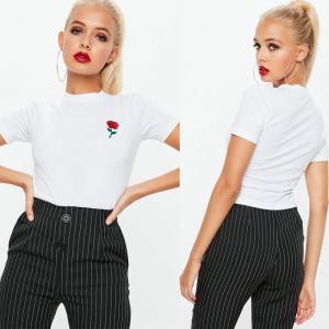 Quality White Rose Embroidered Crop T Shirt Clothing Women wholesale
