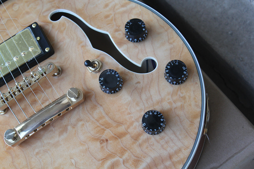 Burly Wood Semi-hollow Electric Guitar,Flame Maple Body,Gold hardwares