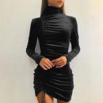 Autumn Winter Suede High Neck Long Sleeve Mini Dresses