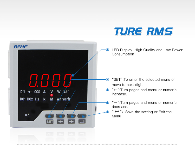 96*96mm Single Phase Intelligent A V HZ KWH Multifunction Power Meter with RS485