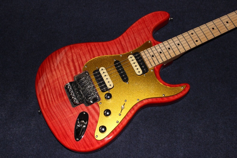 New Top quality , red Tiger Flame Electric Guitar Solid Basswood Body strato Maple Fingerboard caster Steel String