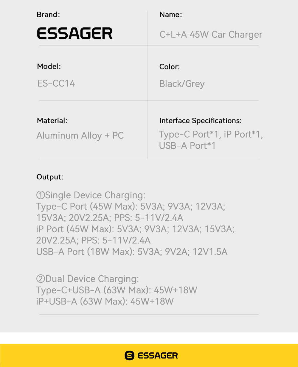 ESSAGER ES-CC14 Series 3 Ports 45W USB L USB C Type C Fast Car Charger