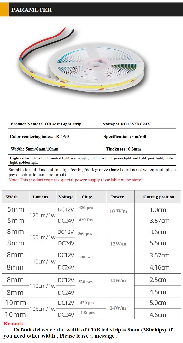 4000K COB Flexible LED Strip 480Leds 8mm10mm Width for Cabinet Bedroom Kitchen Lighting