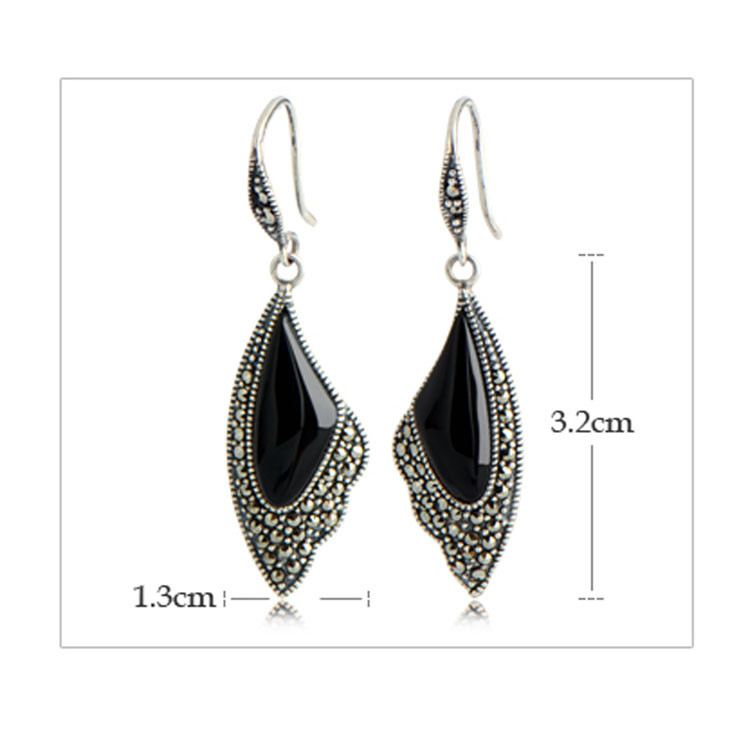 Sterling Silver Black Onyx Drop Earrings Wing Style Women Jewelry ( E019362BLACK)