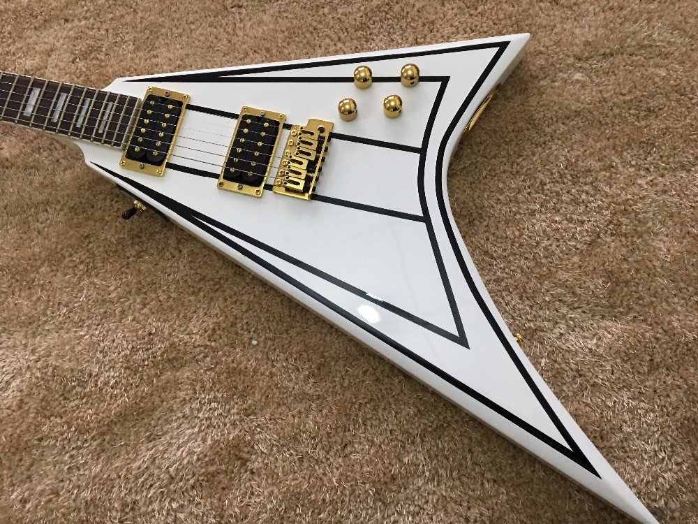 jackson custom guitar White color Golden hardwares Blocks inlay on rosewood fingerboard flying v electric guitar 6 strin
