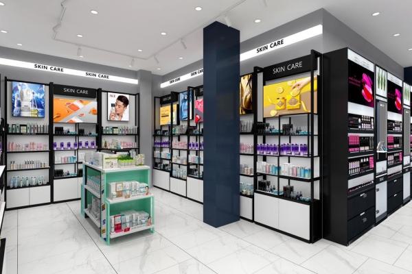 Cheap Customized Durable Metal Cosmetic Display Shelves With Big Cab Lightbox for sale