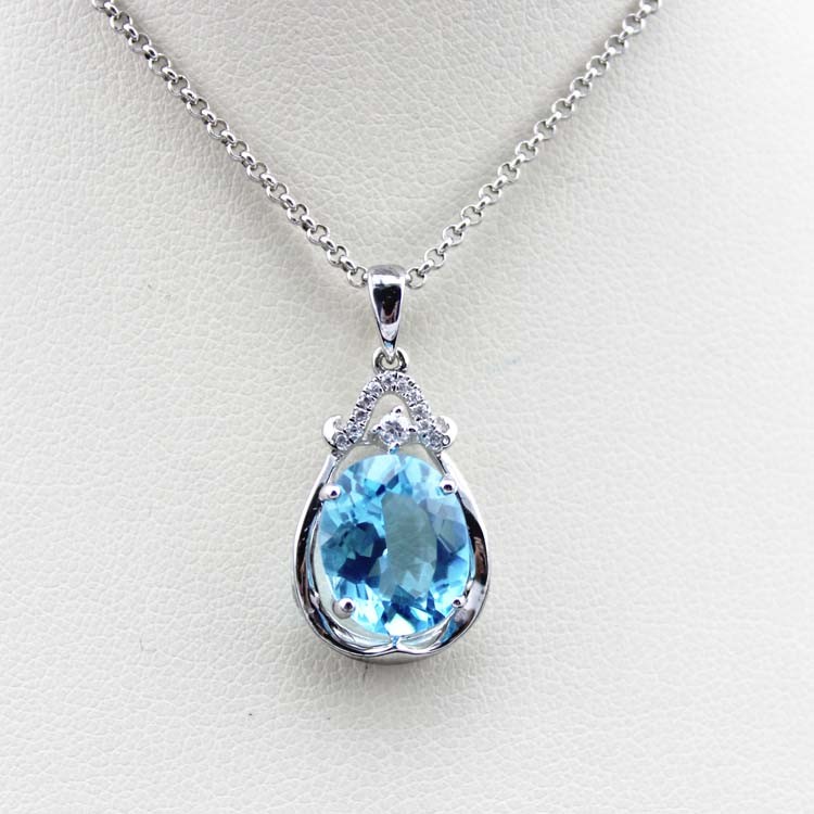 925 Silver Jewelry 9mm x11mm Oval Blue Topaz Cubic Zircon Pendant(PSJ0420)