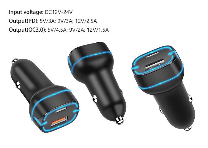 DC12V Input Dual Port USB C PD QC 3.0 52.5W Fast Car Charger Adapter