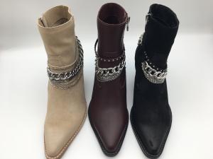 Quality Black soft nappa leather Womens Dress low Boots with YKK zipper，d-ring metal design，Square solid wood heel wholesale