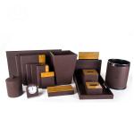 brown luxury trapezoid faux leather hotel room trash cans manufacturer for hotel