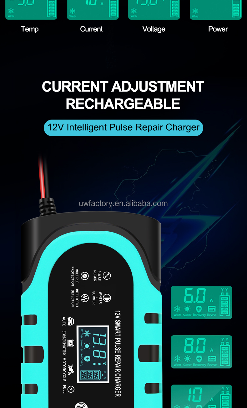 Car 12V 10A LCD Display Smart Battery Charger with Short Circuit Protection and Universal Design