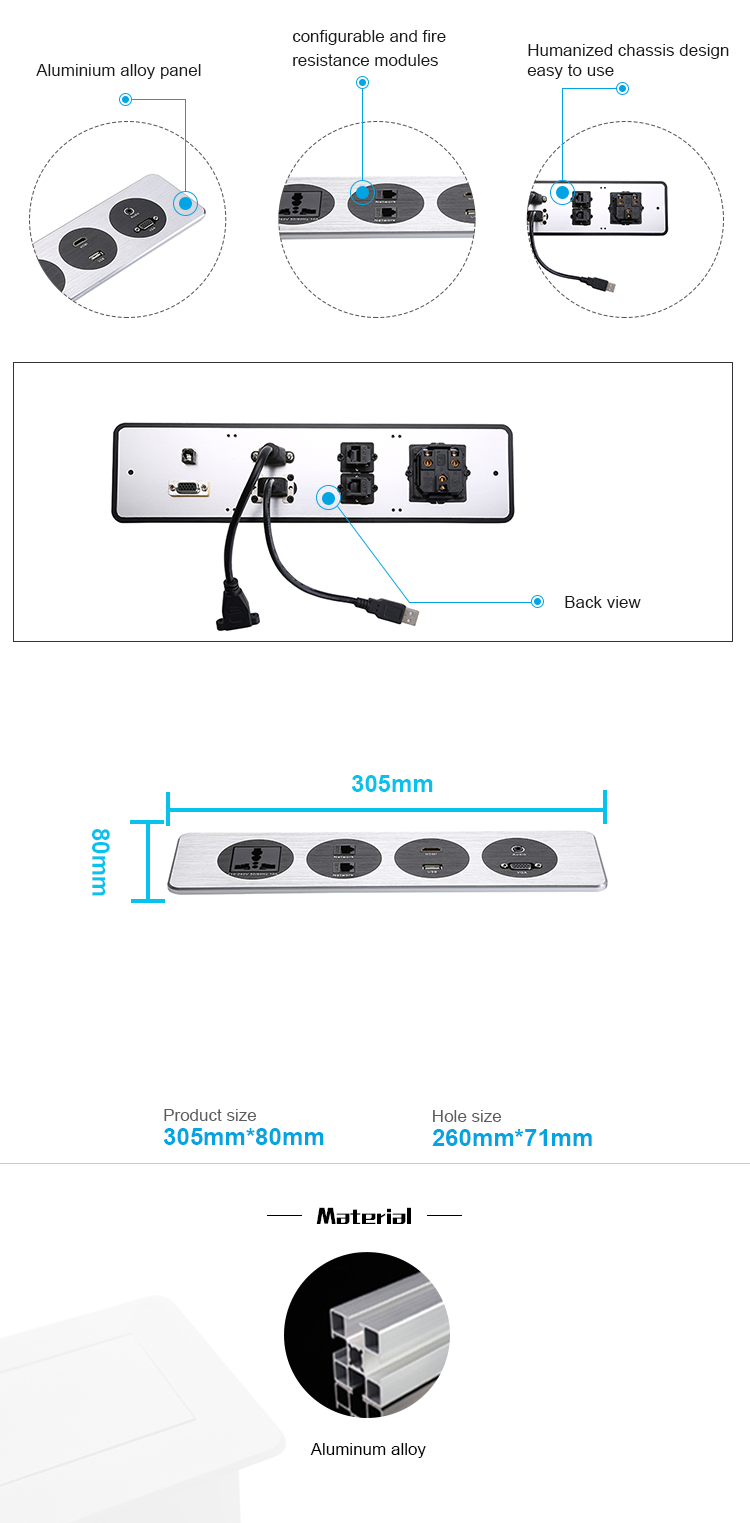 Universal Power Data Desk Multi Plug Socket For Conference Table RJ45 Network